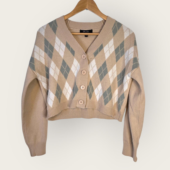 Cropped Knit Cardigan Argyle Tartan School Girl Light Fall Layering Preppy - Picture 1 of 7